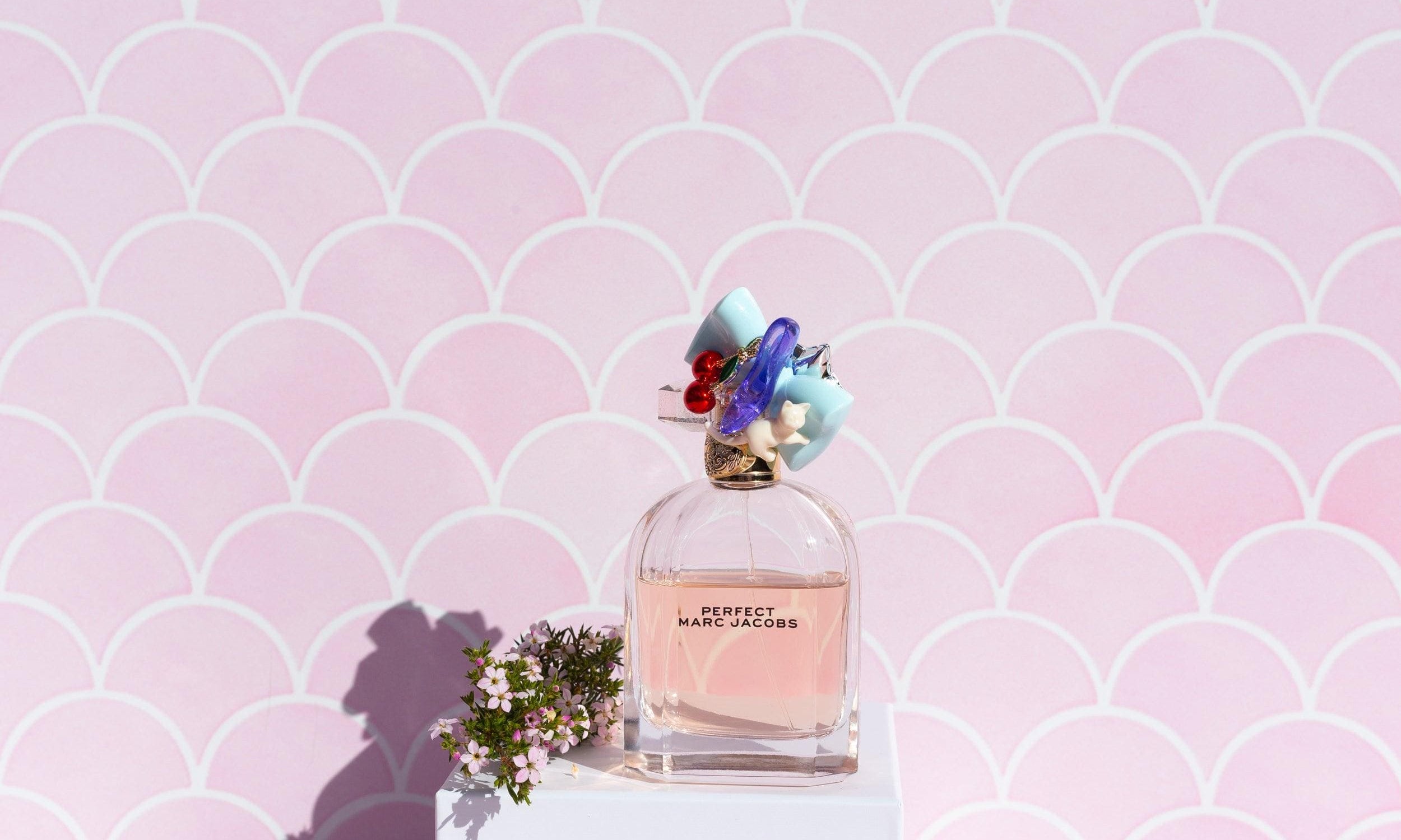 Pretty In Pink fish scale Tile Double-sided Backdrop with marc jacobs perfume- Backdrop Collective