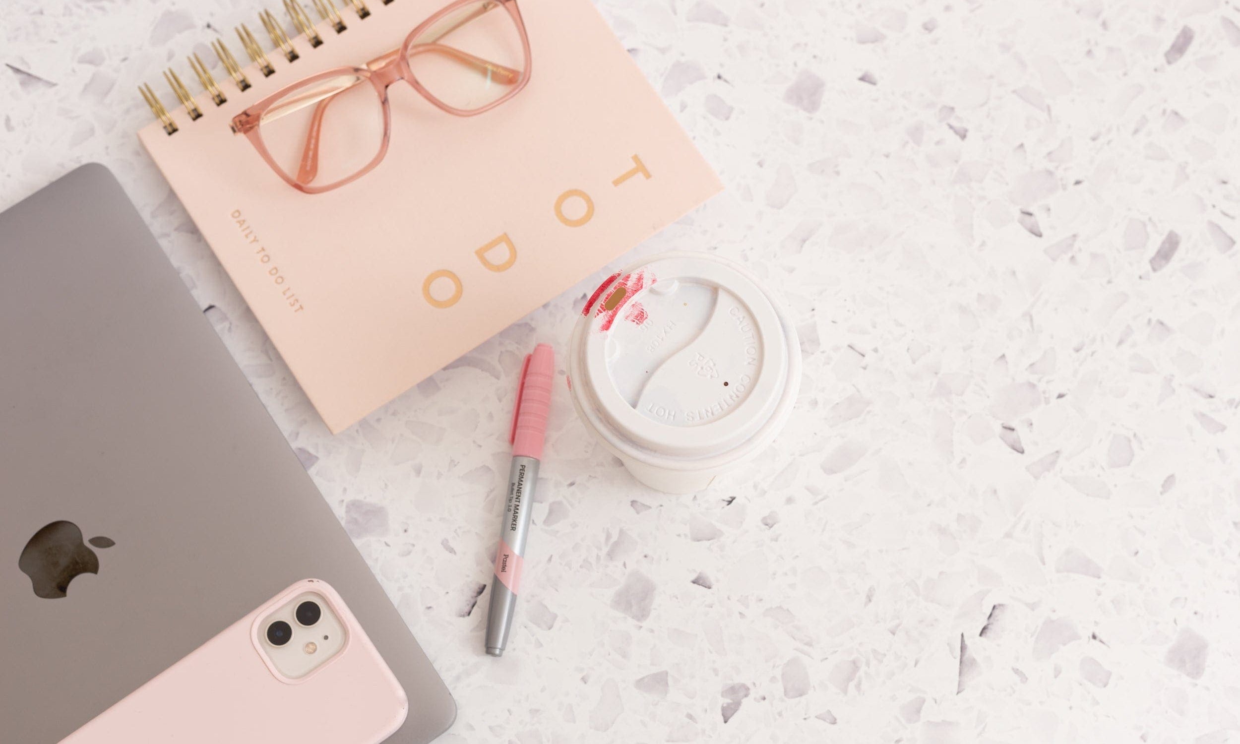 Office tech with pink accessories and coffee - white and grey Terrazzo concrete double-sided vinyl photography backdrop - backdrop collective Australia