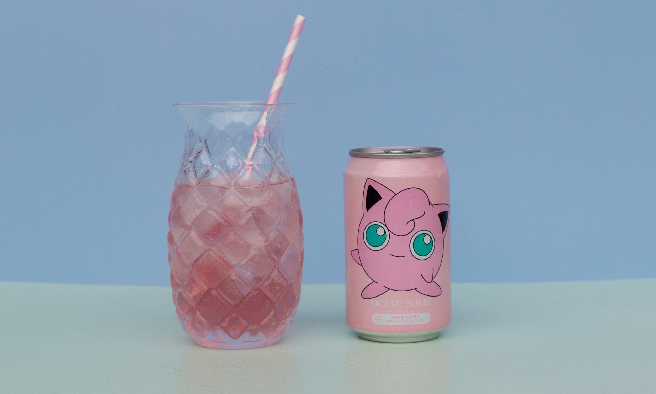 light green and blue double-sided vinyl photography backdrop photographed with pink pokemon soft drink -  backdrop collective australia